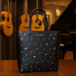 NEW Tory Burch Fleming Gold Star Studs Black Leather Small Tote Bag